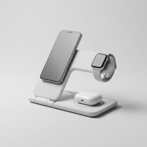 Station de charge 3-en-1 pliable, blanc mat, avec téléphone, montre et écouteurs en charge